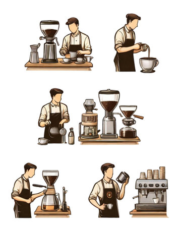 Coffee shop and barista cartoon icons set isolated vector illustrationのイラスト素材