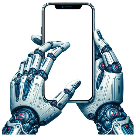 Robot hand holding smartphone with blank screen. Artificial intelligence concept. Vector illustration.のイラスト素材