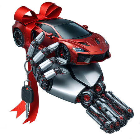 Robot with gift box isolated on white background. 3D illustration.のイラスト素材