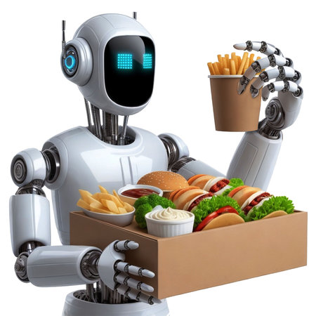 Robot with hamburger and french fries. Isolated on white backgroundのイラスト素材