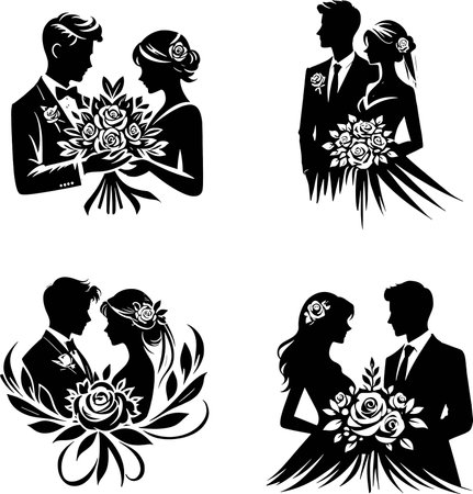 Wedding couple silhouettes. Vector illustration ready for vinyl cutting.のイラスト素材