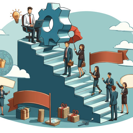 Vector illustration of business people working on stairs with a big gear.のイラスト素材