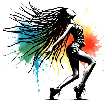 Beautiful young woman dancing on colorful watercolor background. Vector illustration.のイラスト素材