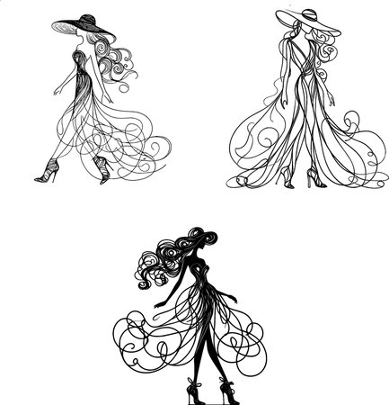 Vector illustration of a woman in a long dress and a hat.のイラスト素材