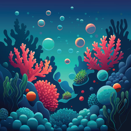 Underwater landscape with corals and algae. Underwater world. Vector illustrationのイラスト素材