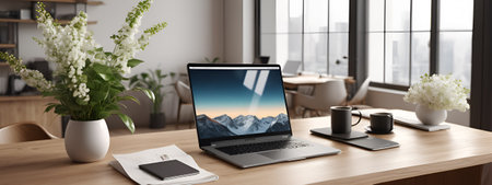 Laptop on wooden table in modern office interior, 3D rendering
