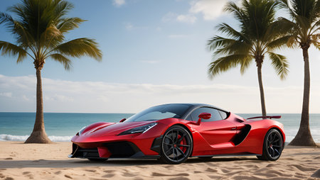 3D rendering of a brand-less generic concept car in the beach