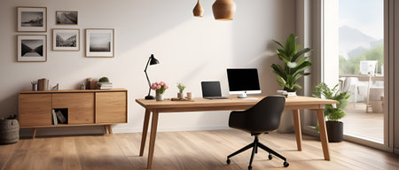 Modern office interior with wooden desk and computer. 3D Rendering