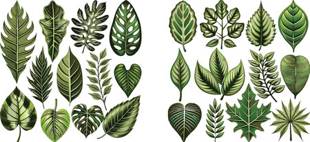Set of tropical leaves isolated on a white background. Vector illustration.のイラスト素材