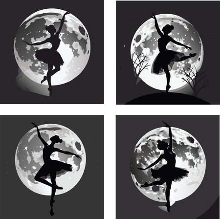 silhouettes of ballerinas on the background of the moonのイラスト素材