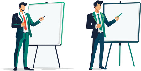 Businessman presenting on whiteboard. Vector illustration in flat style.のイラスト素材
