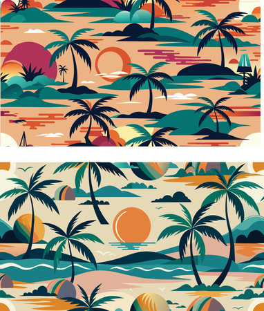 Seamless pattern with palm trees and sunset. Vector illustration.のイラスト素材