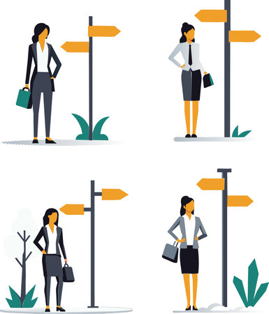 Set of businesswoman on the road signs. Vector illustration in flat styleのイラスト素材