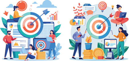 Marketing strategy vector illustration. Business people workingeting strategy. Targeting and targeting, digital marketing and business strategy.のイラスト素材
