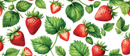Seamless pattern with strawberries and leaves. Watercolor illustration.のイラスト素材