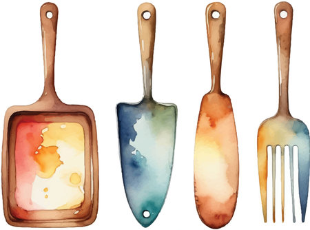 Watercolor kitchen utensils. Hand drawn illustration on white backgroundのイラスト素材