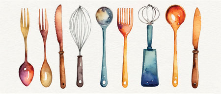 Watercolor kitchen utensils set on white background. Hand drawn illustrationのイラスト素材