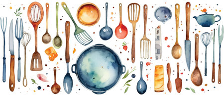 Hand drawn watercolor kitchen utensils collection. Vector illustration.のイラスト素材