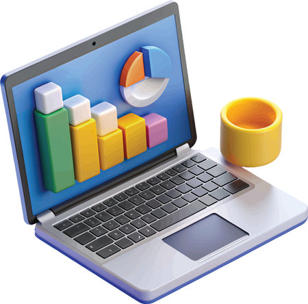 Laptop with pie chart and cup of coffee on a white backgroundのイラスト素材