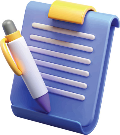 3d illustration of a blue clipboard with a pen and a blank sheet of paper