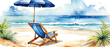 Illustration of a deck chair on the beach with a blue umbrellaのイラスト素材