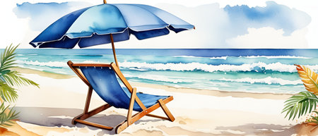 Illustration of a deck chair and umbrella on the beach in summerのイラスト素材