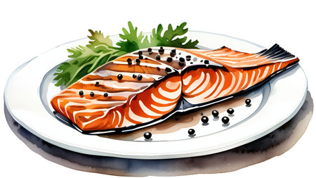 Illustration of a slice of salmon on a plate with parsleyのイラスト素材
