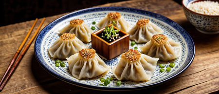 Chinese steamed dumplings with sesame seeds on a plateの写真素材