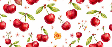 Seamless pattern with watercolor cherries. Vector illustration.