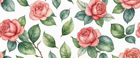 Seamless pattern with watercolor roses. Hand-drawn illustration.の写真素材
