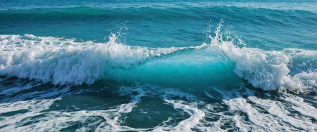 Turquoise ocean wave with splashes and foam. Panorama