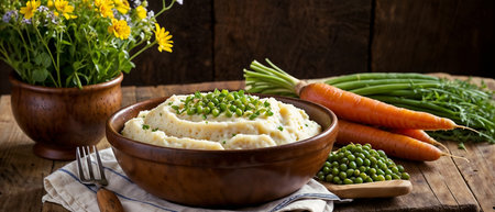 Mashed Potatoes with Green Peas and Carrots on Wooden Backgroundの写真素材