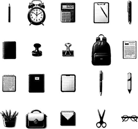School and office supplies icons set. Black and white illustration. Vector.のイラスト素材