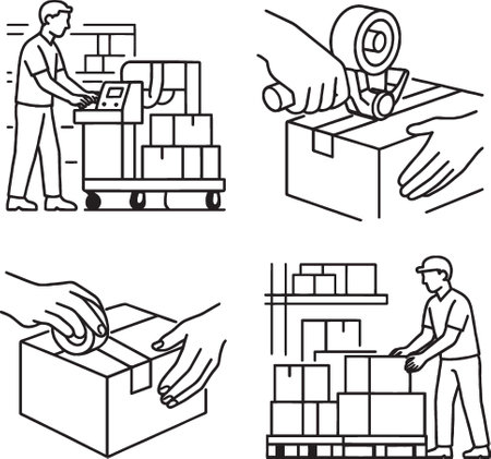 deliveryman in line work with boxes and boxes. vector illustrationのイラスト素材