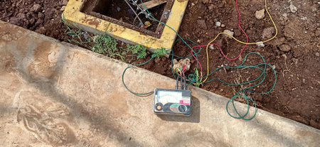Aerial view of the construction site with a multimeter and multimeterの写真素材