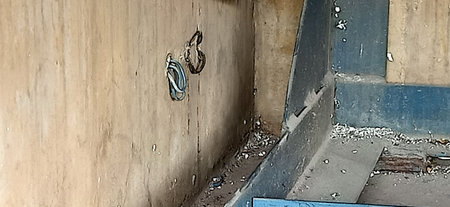 abandoned stairs in an abandoned building, closeup of photoの写真素材