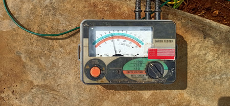 Vintage meter on the ground in the garden with copy space.