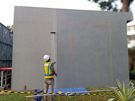 Worker painting the wall at the construction site of the building.の写真素材