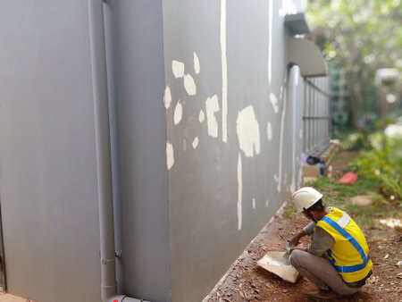 Construction worker painting a wall at a building site, closeup of photoの写真素材