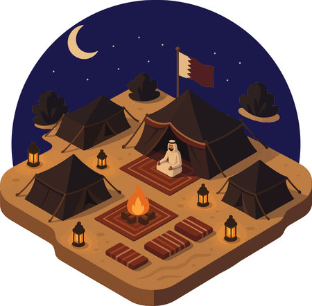 Illustration of an Isometric Tourist Camping Tent at Nightのイラスト素材