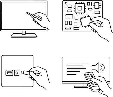 Vector illustration of hands holding a remote control and using a computer.のイラスト素材