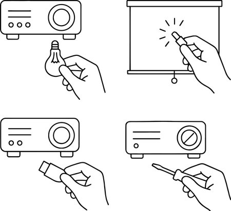 Video projector and hand icon set. Outline illustration of video projector and hand icon set for web design isolated on white backgroundのイラスト素材