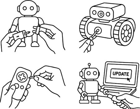 Robot and human hands. Black and white vector illustration set.のイラスト素材