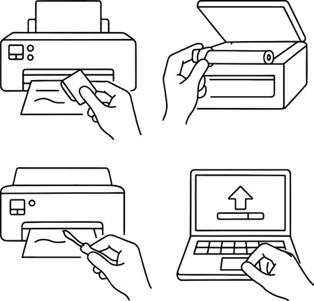 Set of black and white line icons of hands holding credit card and laptop computer.のイラスト素材