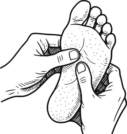 Doodle style illustration of a hand holding a human foot with pain.のイラスト素材