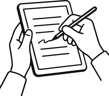 Hands holding a pen and writing on a clipboard. Vector illustrationのイラスト素材