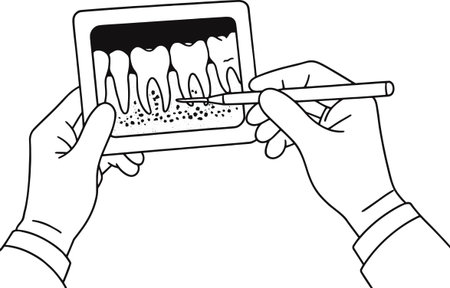 Dental technician working with a digital tablet. Black and white vector illustration.のイラスト素材