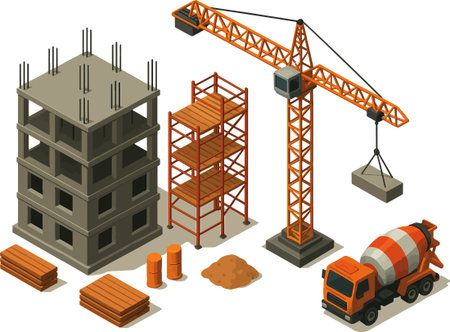 illustration of isometric construction site with crane, truck and concrete mixerのイラスト素材