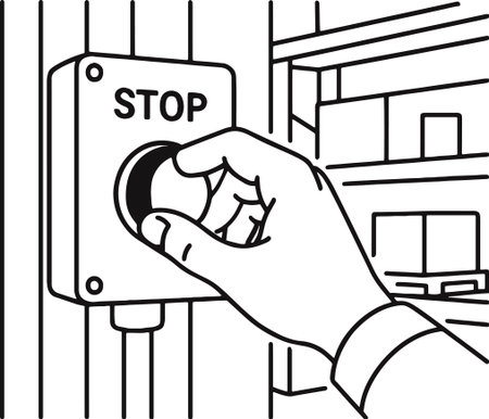 Stop sign on the wall. The hand of a man presses the button.のイラスト素材