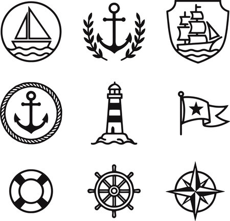 Nautical icon set. Vector illustration in black and white colors.のイラスト素材